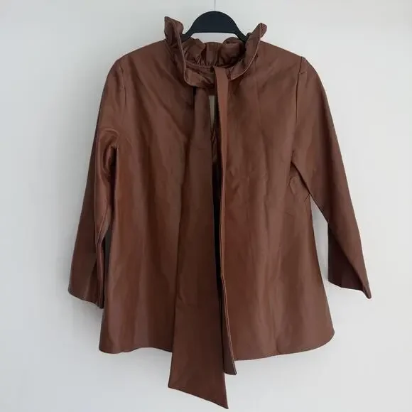 Tuckernuck Top Womens Small Brown Faye Faux Leather Blouse Ruffle Minimal Luxury - Picture 2 of 7